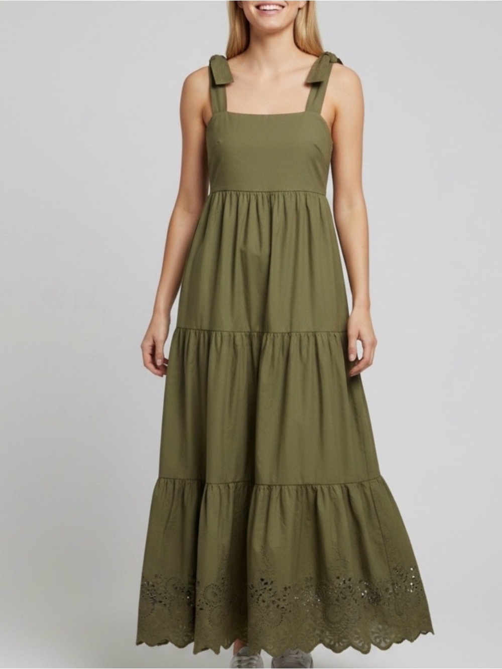Jason Wu XL Olive Tiered Eyelet Maxi Dress Tie Shoulder Embroidered